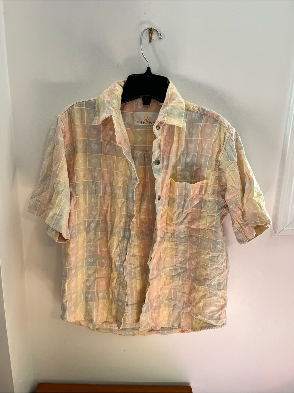 Vintage Lightweight Cotton Pastel Plaid Short-Sleeve Shirt - Size Medium